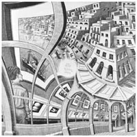 M.C.Escher: Bildgalerie. Lithographie, 1956.